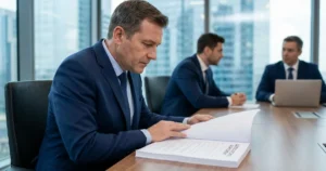 Gestor lendo contrato de outsourcing de impressão em mesa de reunião corporativa