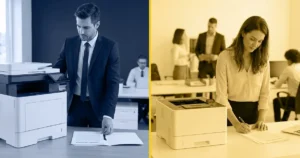 Balança com impressora de um lado e contrato de locação do outro, sobre mesa de escritório corporativo