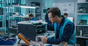 Técnico de assistência técnica verificando componentes internos de impressora laser em Campinas