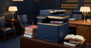 Impressora multifuncional laser em escritório de advocacia com documentos jurídicos na mesa