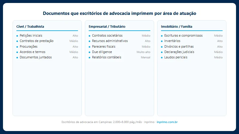 Documentos que escritórios de advocacia imprimem por área de atuação