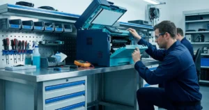 Técnico realizando manutenção preventiva em impressora laser em ambiente corporativo