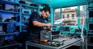 Técnico realizando conserto de impressora laser em bancada de assistência técnica em Campinas