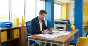 Empresário calculando custo por página de impressão com dados de uso mensal na tela do computador