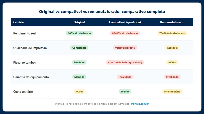 Comparativo toner original versus compatível versus remanufaturado