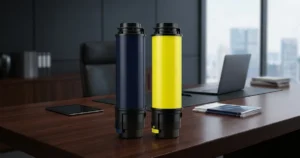 Comparação lado a lado de toner padrão e toner de alto rendimento sobre mesa de escritório corporativo