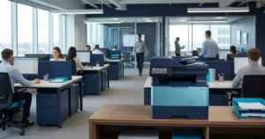 Impressora multifuncional laser corporativa em ambiente de escritório moderno com funcionários ao fundo