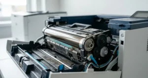 Detalhe interno de uma impressora a laser mostrando cilindro e unidade de toner