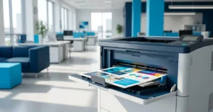 Impressora colorida a laser imprimindo material corporativo colorido em escritório