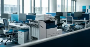 Impressora wifi conectada em rede em escritório com vários computadores