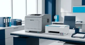 Impressora a laser e impressora tanque de tinta lado a lado em ambiente de escritório