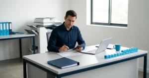 Gestor analisando custo-benefício de impressoras para empresa com planilha na mesa