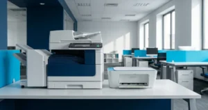 Impressora profissional corporativa ao lado de impressora doméstica compacta em comparação