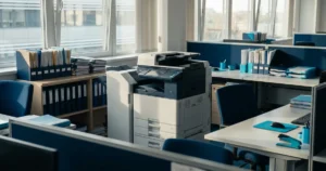 Impressora multifuncional a laser em escritório de contabilidade durante fechamento