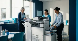 Impressora multifuncional a laser em secretaria de escola com equipe trabalhando