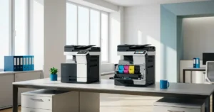 Duas impressoras multifuncionais laser, uma colorida e uma monocromática, em escritório corporativo