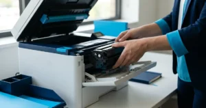 Pessoa trocando o toner de uma impressora a laser no escritório