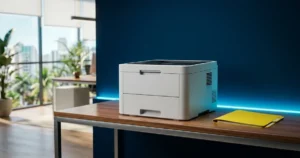 Impressora Brother corporativa sobre mesa de escritório moderno em tons de azul