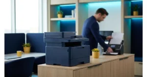 Impressora multifuncional laser em ambiente corporativo com pessoa digitalizando documentos
